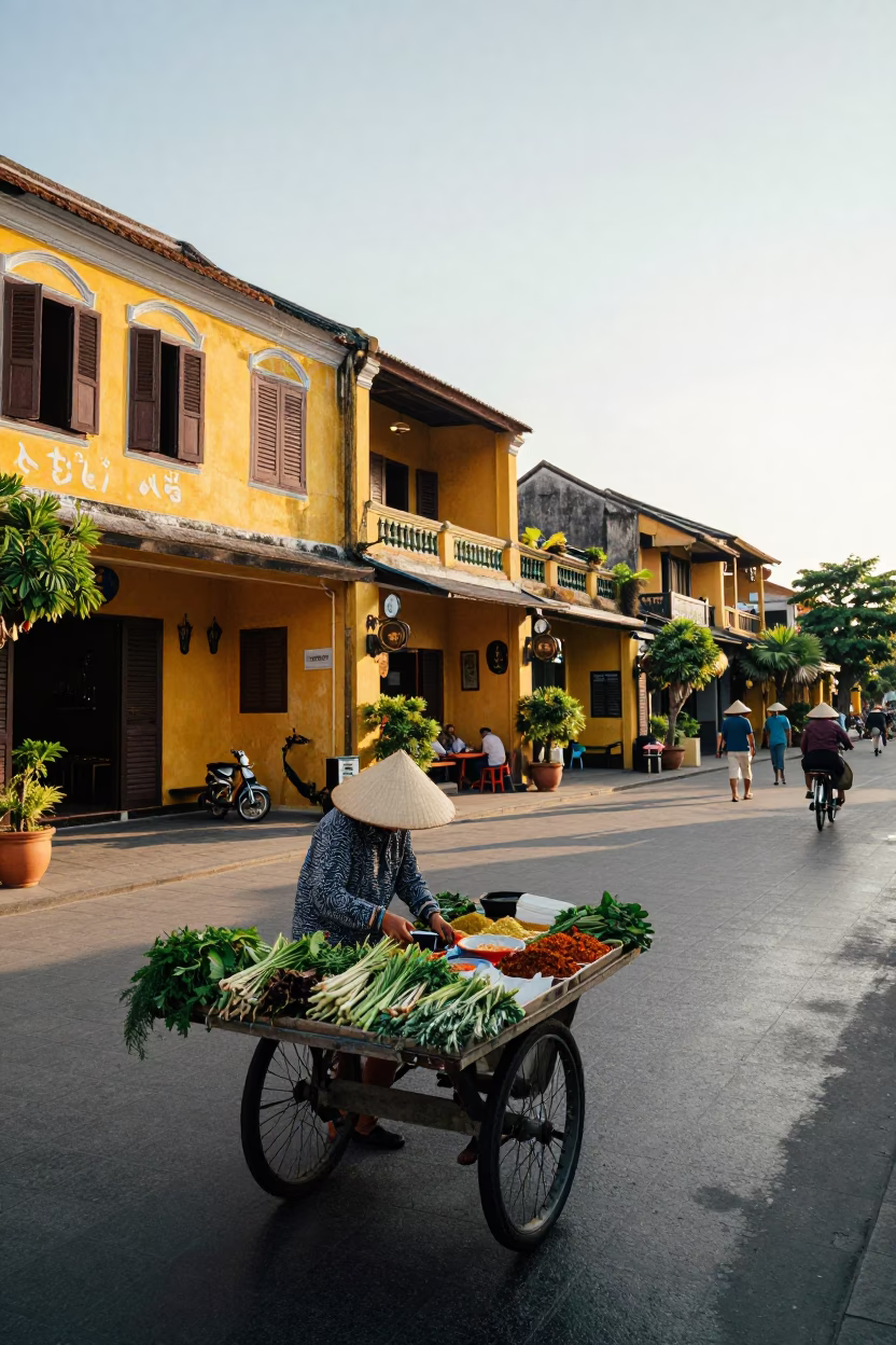 Street Scene just after sunrise in Hoi An in in Hoi An, Vietnam