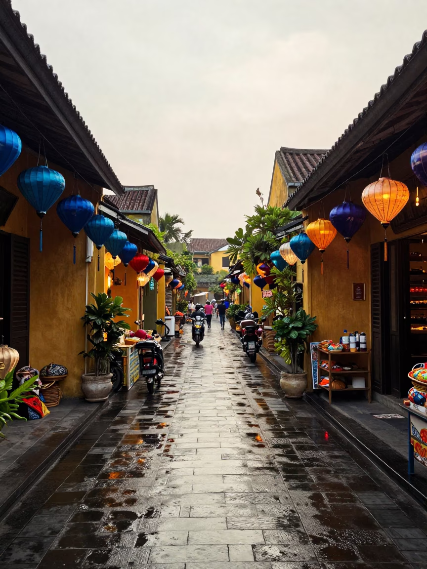 Street Scene just after sunrise in Hoi An in in Hoi An, Vietnam