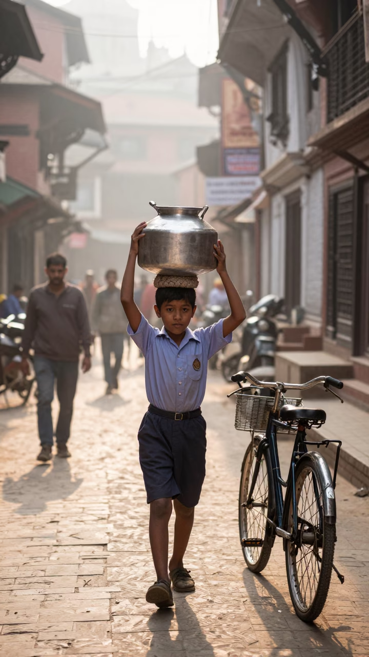 Street Scene just after sunrise in Kathmandu in in Kathmandu, Nepal