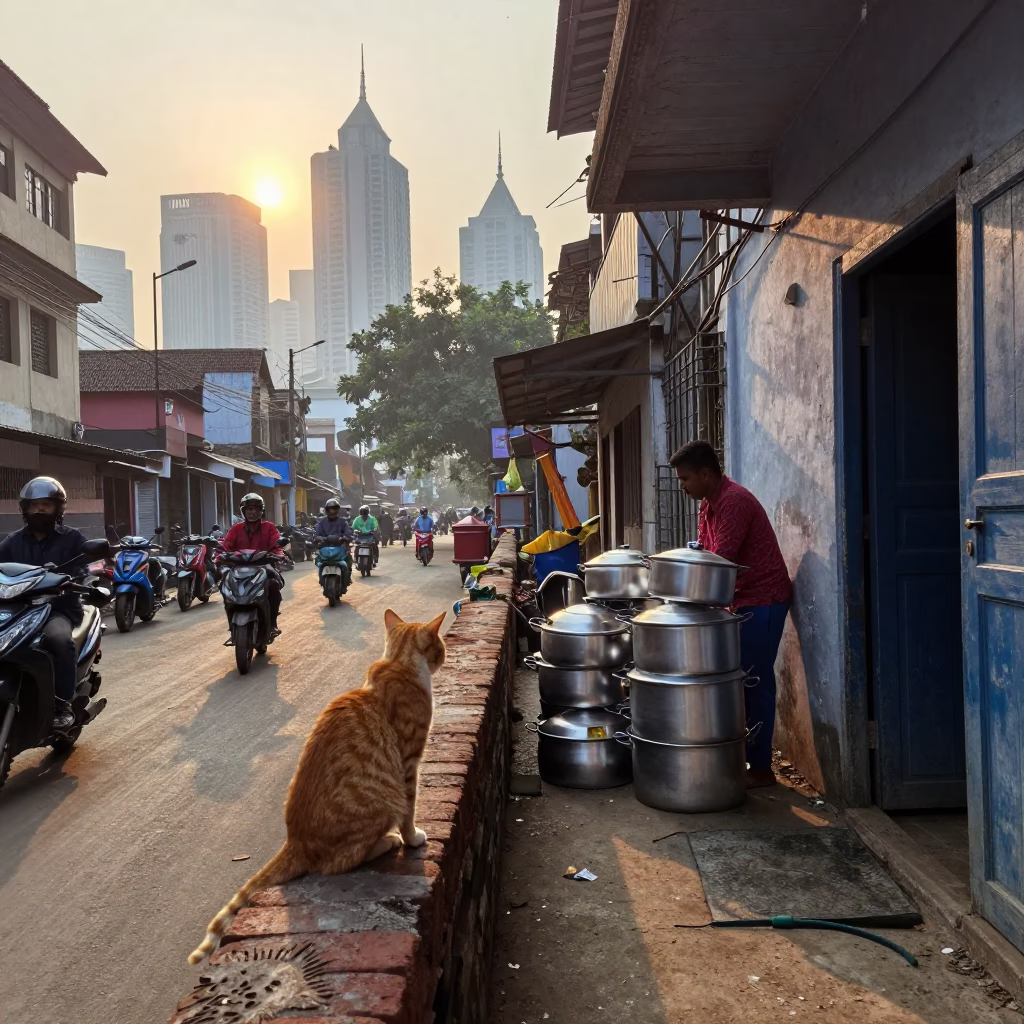 Street Scene just after sunrise in Kolkata in in Kolkata, India