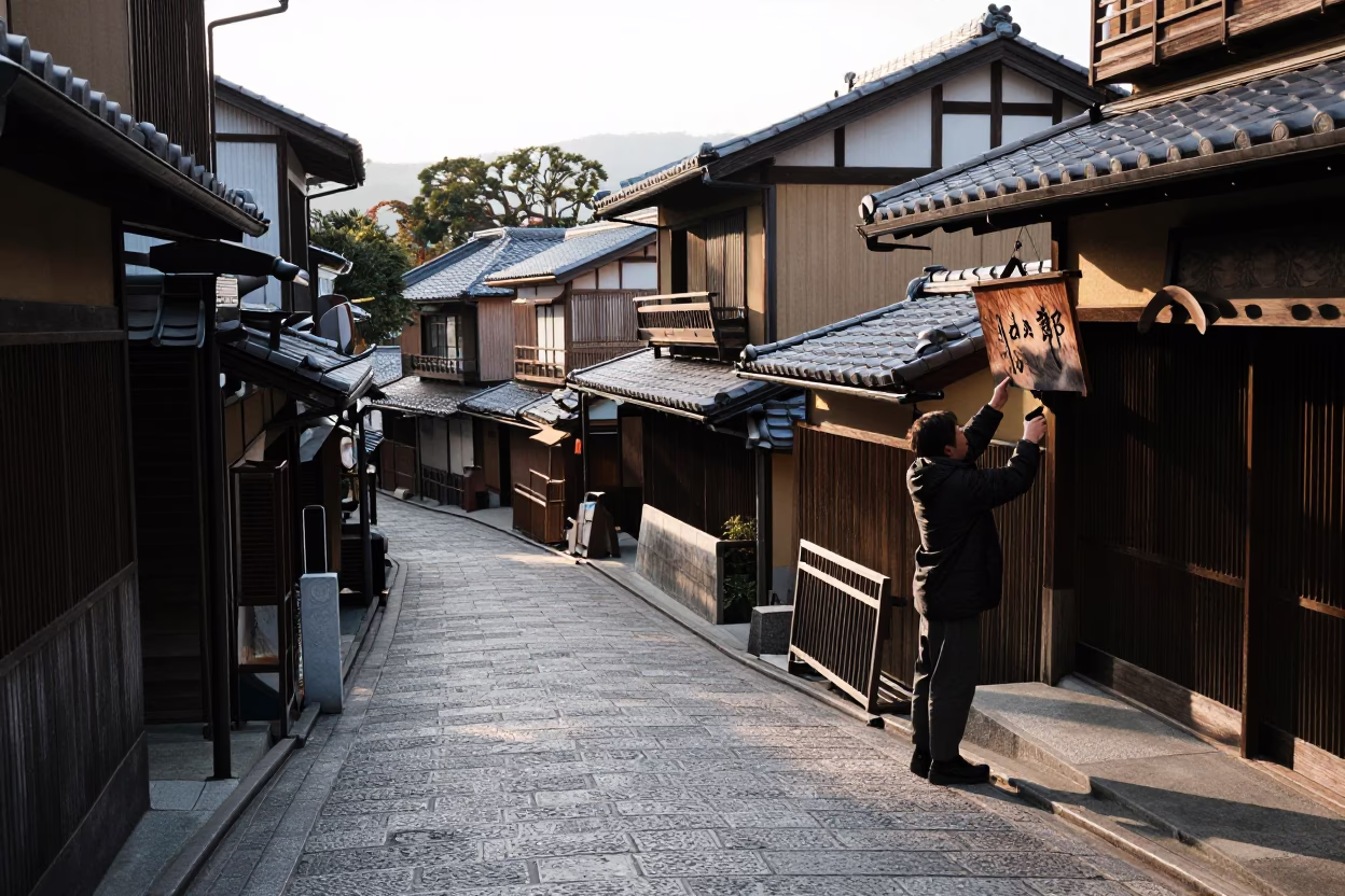 Street Scene just after sunrise in Kyoto in in Kyoto, Japan