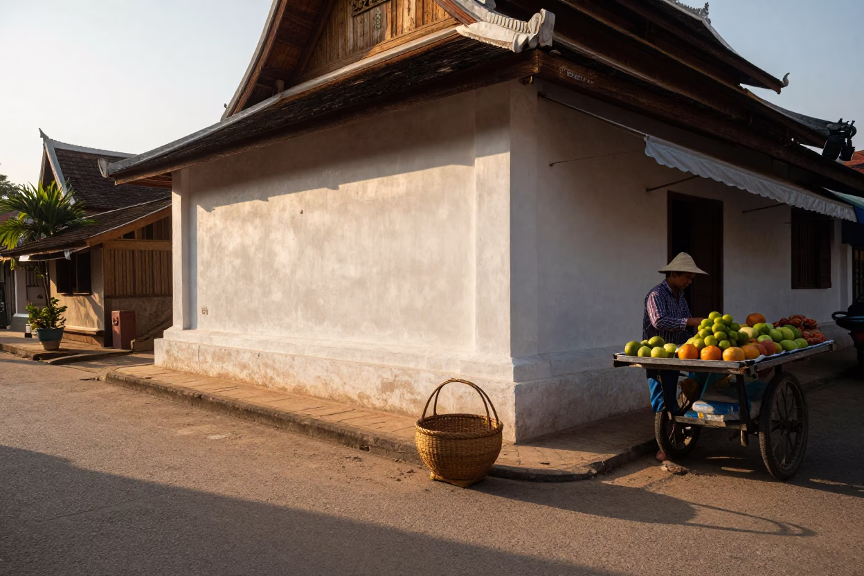 Street Scene just after sunrise in Luang Prabang in in Luang Prabang, Laos