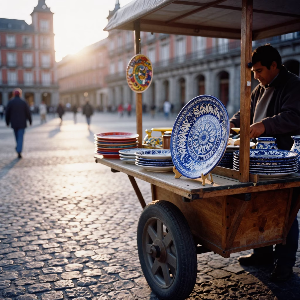 Street Scene just after sunrise in Madrid in in Madrid, Spain