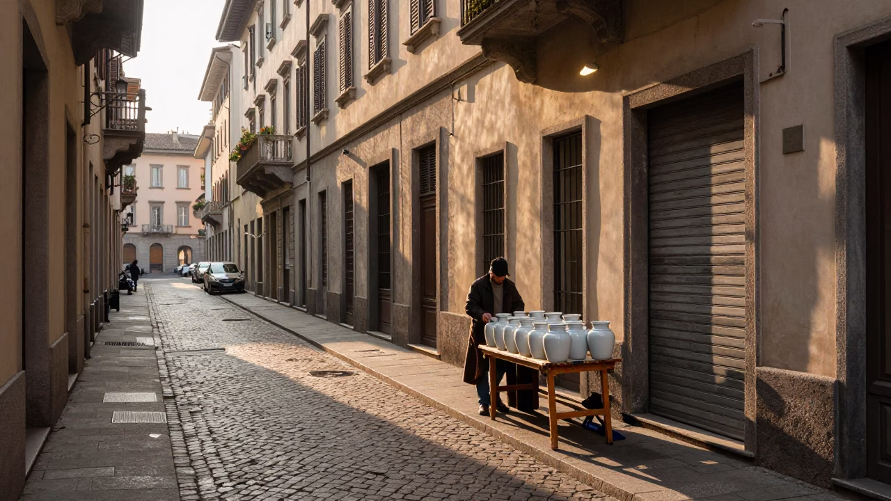 Street Scene just after sunrise in Milan in in Milan, Italy