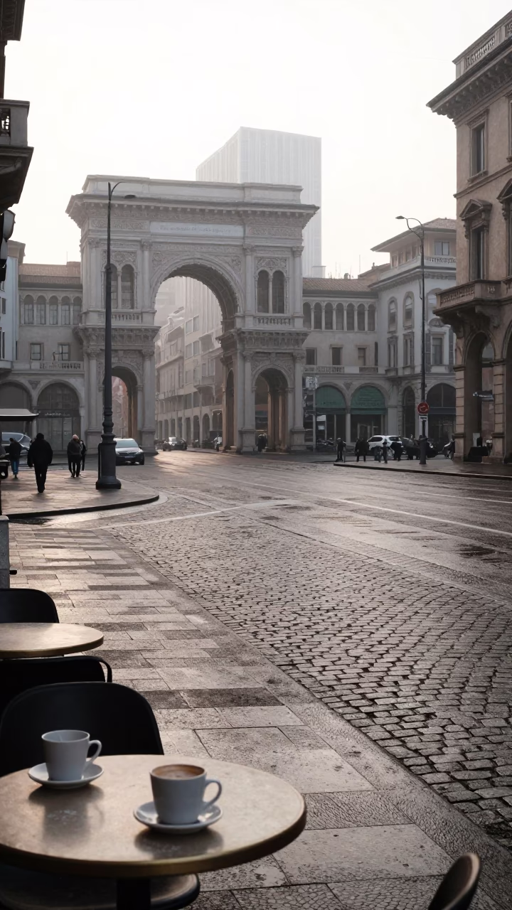 Street Scene just after sunrise in Milan in in Milan, Italy