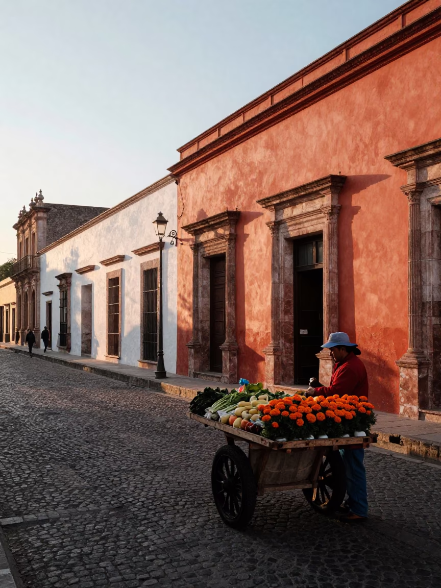 Street Scene just after sunrise in Oaxaca in in Oaxaca, Mexico