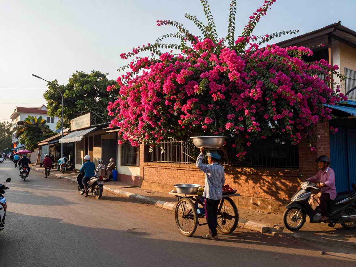 Street Scene just after sunrise in Phnom Penh in in Phnom Penh, Cambodia