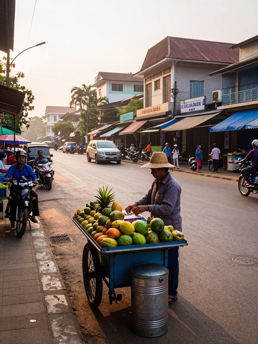 Street Scene just after sunrise in Phnom Penh in in Phnom Penh, Cambodia