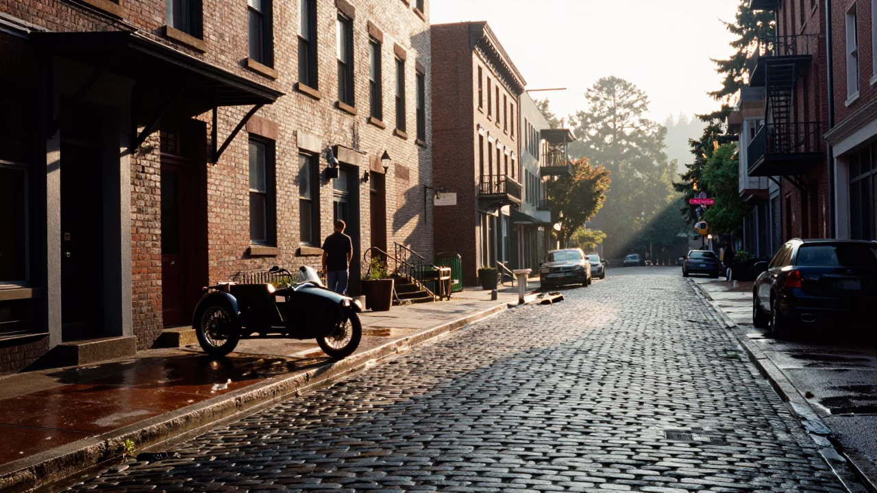 Street Scene just after sunrise in Portland in in Portland, Oregon, United States
