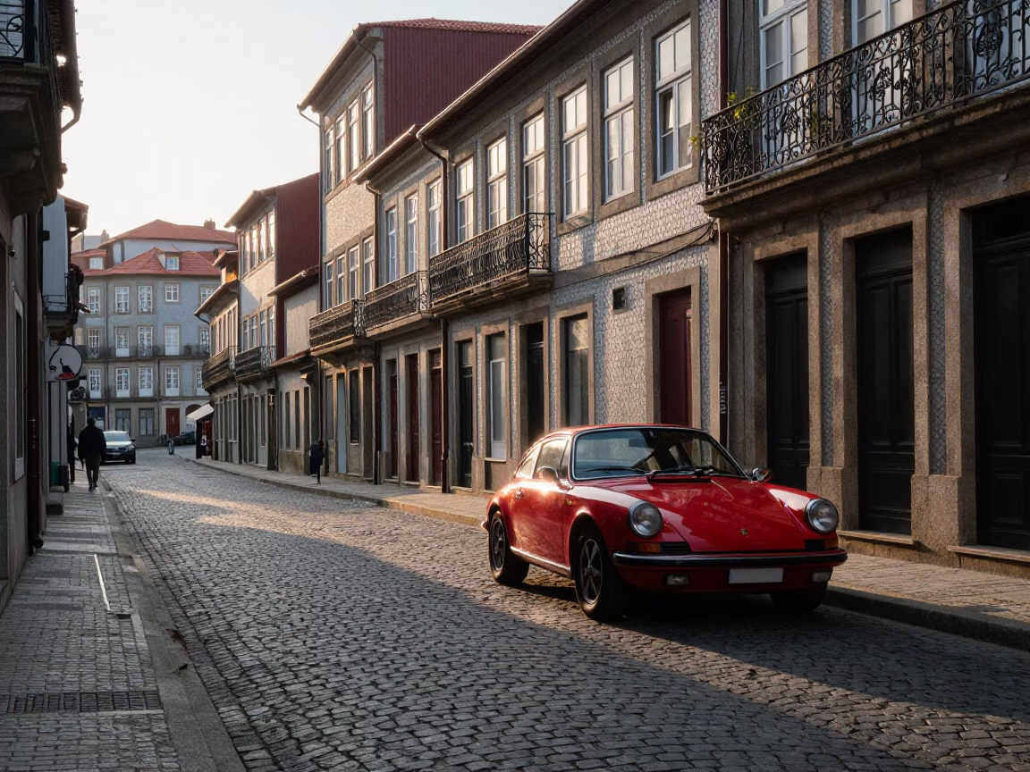 Street Scene just after sunrise in Porto in in Porto, Portugal