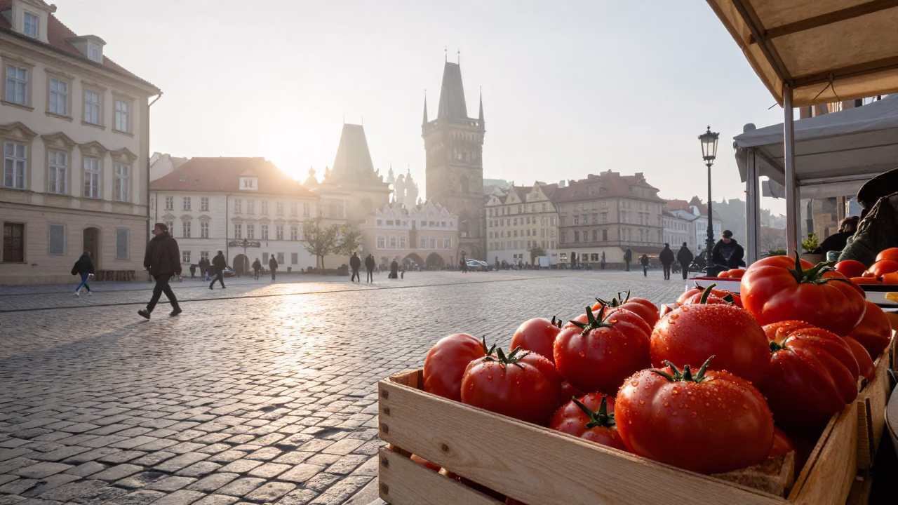 Street Scene just after sunrise in Prague in in Prague, Czech Republic