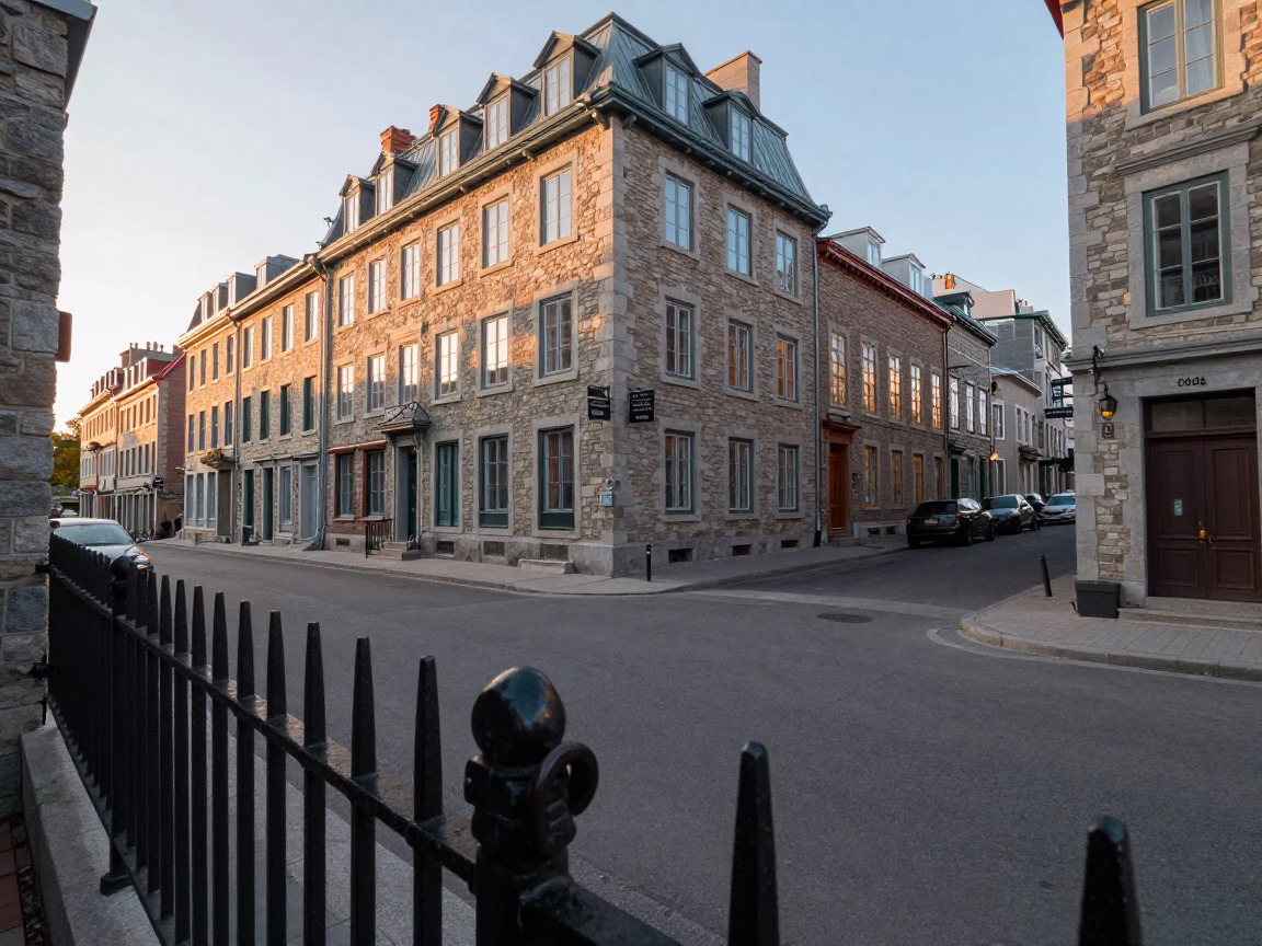 Street Scene just after sunrise in Quebec City in in Quebec City, Quebec, Canada