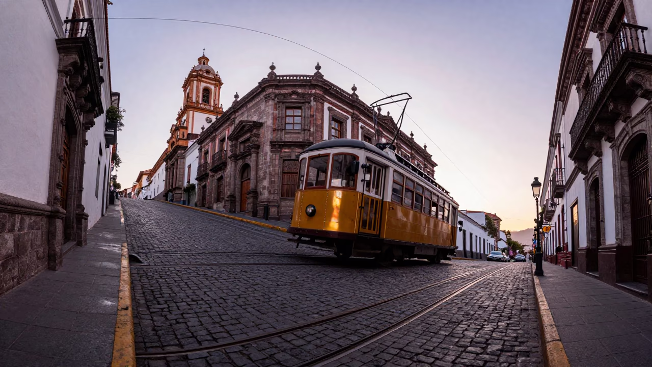 Street Scene just after sunrise in Quito in in Quito, Ecuador