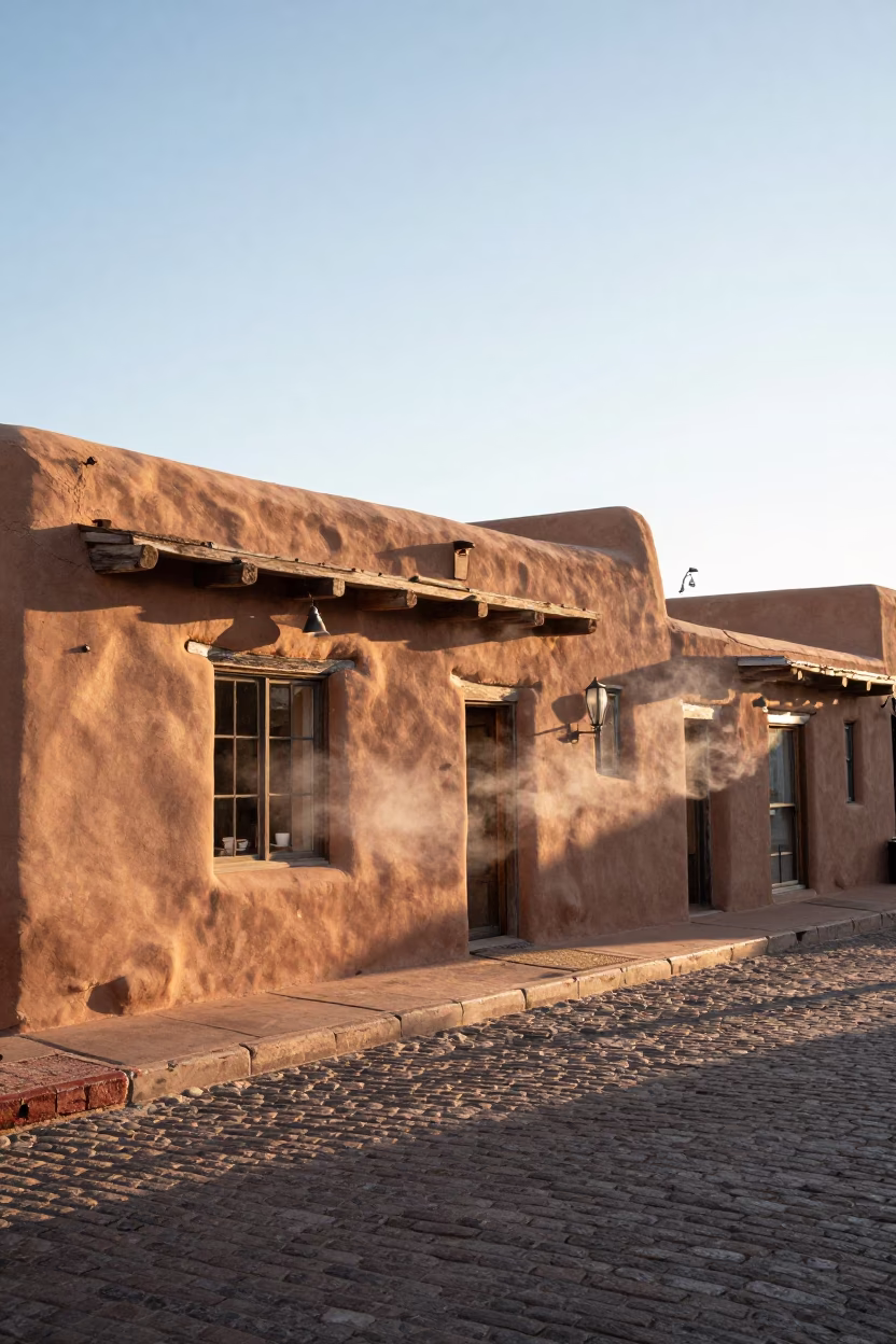 Street Scene just after sunrise in Santa Fe in in Santa Fe, New Mexico, United States