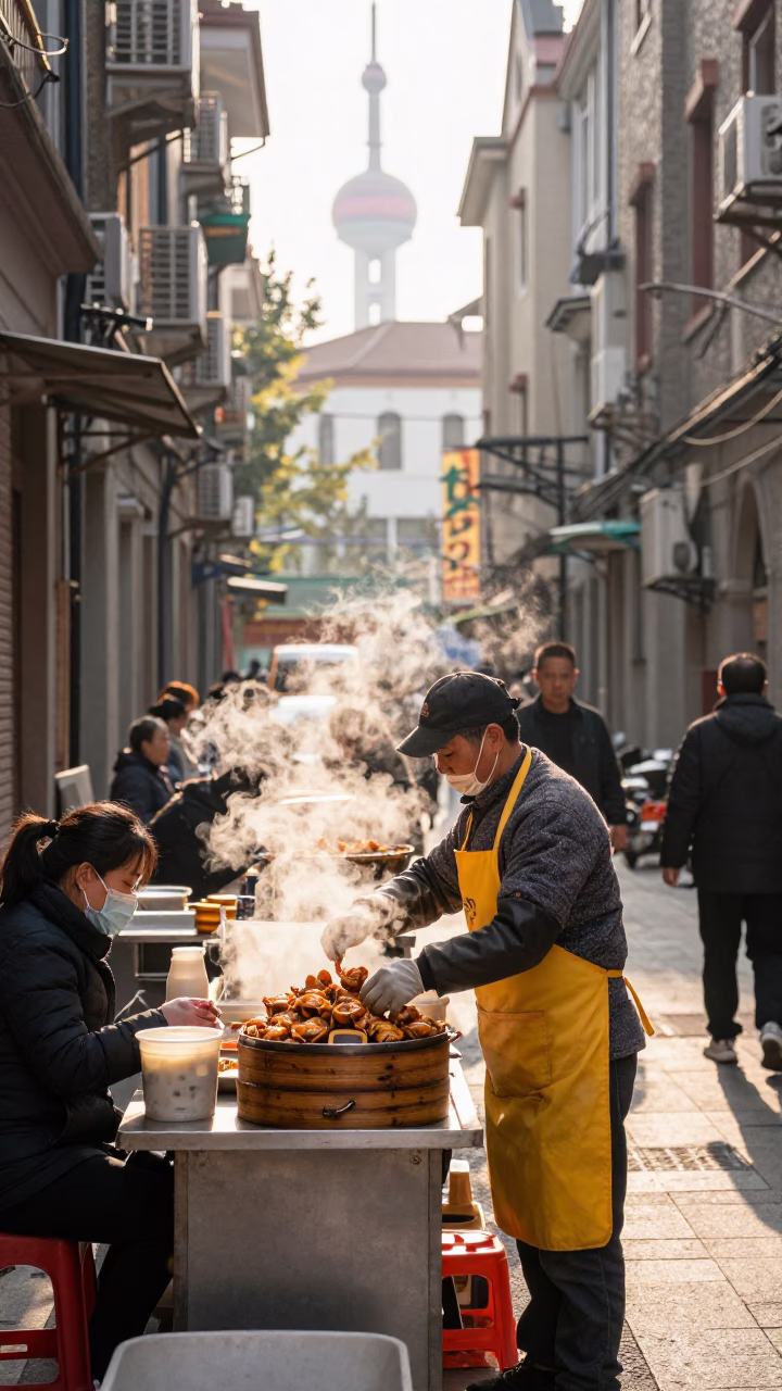 Street Scene just after sunrise in Shanghai in in Shanghai, China