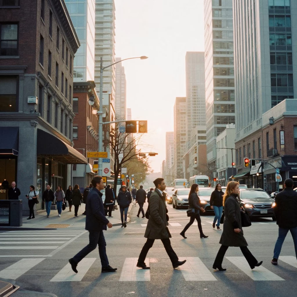 Street Scene just after sunrise in Toronto in in Toronto, Ontario, Canada