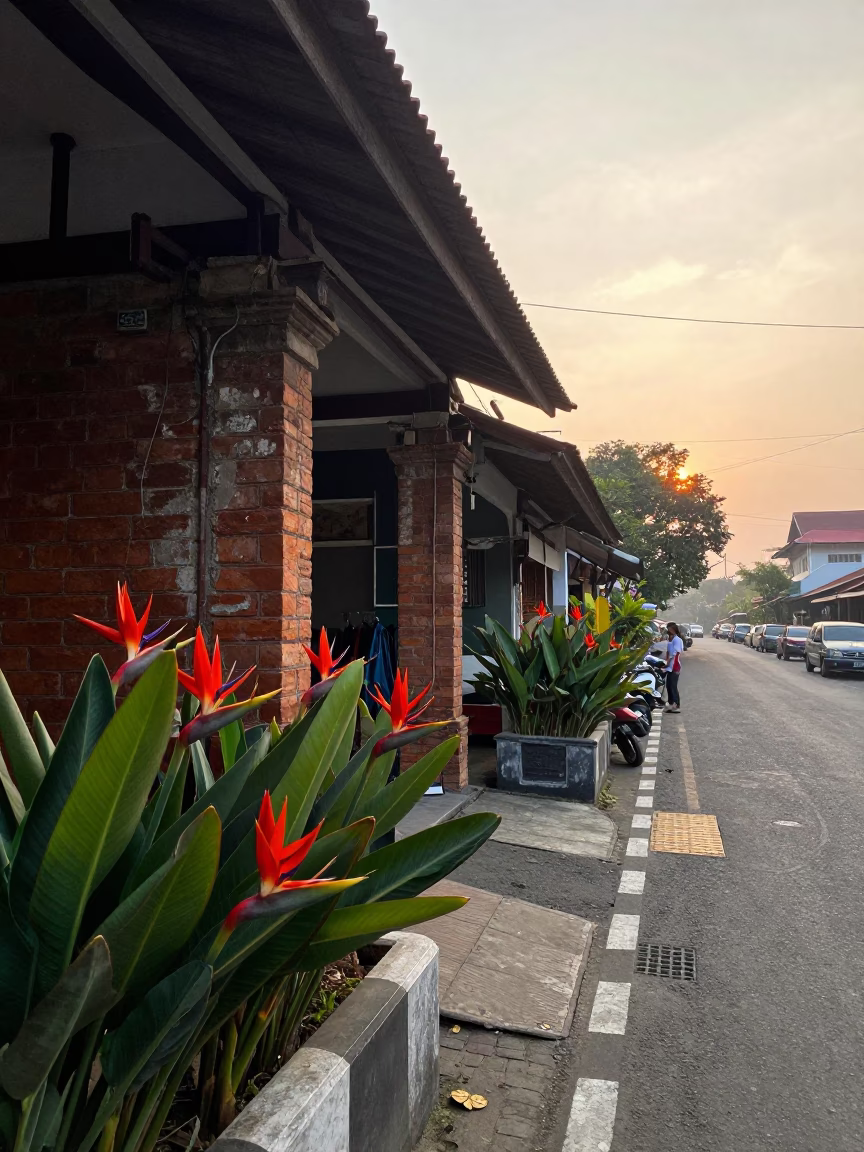 Street Scene just after sunrise in Yogyakarta in in Yogyakarta, Indonesia