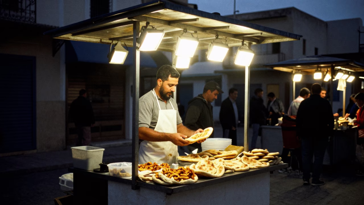Street Stall at The Predawn Darkness Light in Tunis in in Tunis, Tunisia