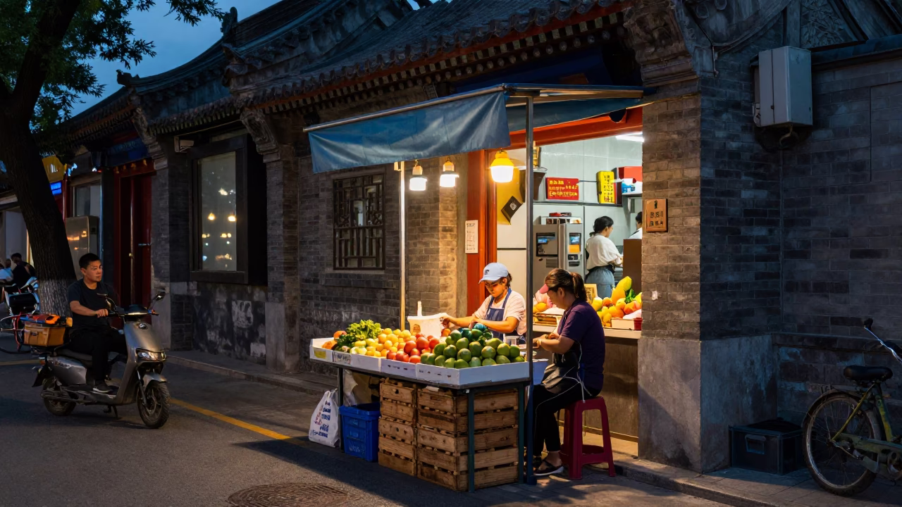 Street Stall in Beijing at As City Lights Begin To Glow in in Beijing, China