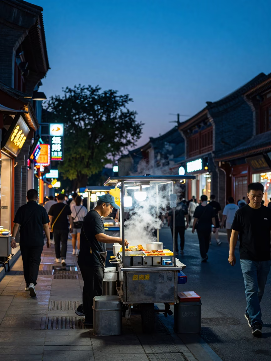 Street Stall in Beijing at Indigo Twilight After Sunset in in Beijing, China