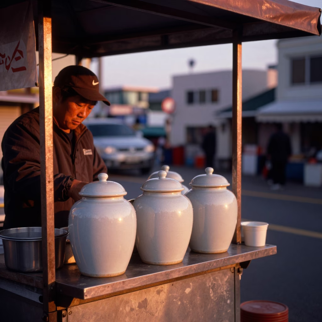 Street Stall in Busan at Copper-toned Light Before Dusk in in Busan, South Korea