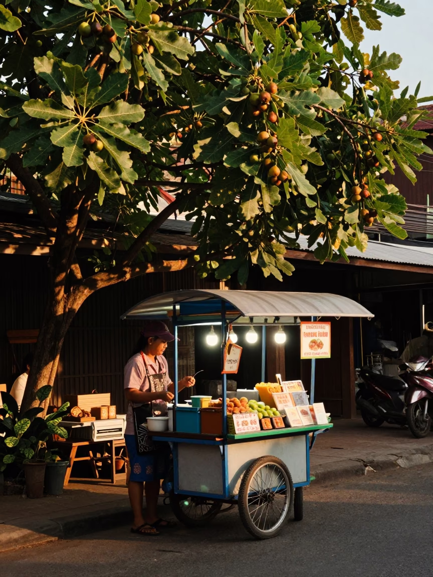 Street Stall in Chiang Mai at Honeyed Evening Light in in Chiang Mai, Thailand