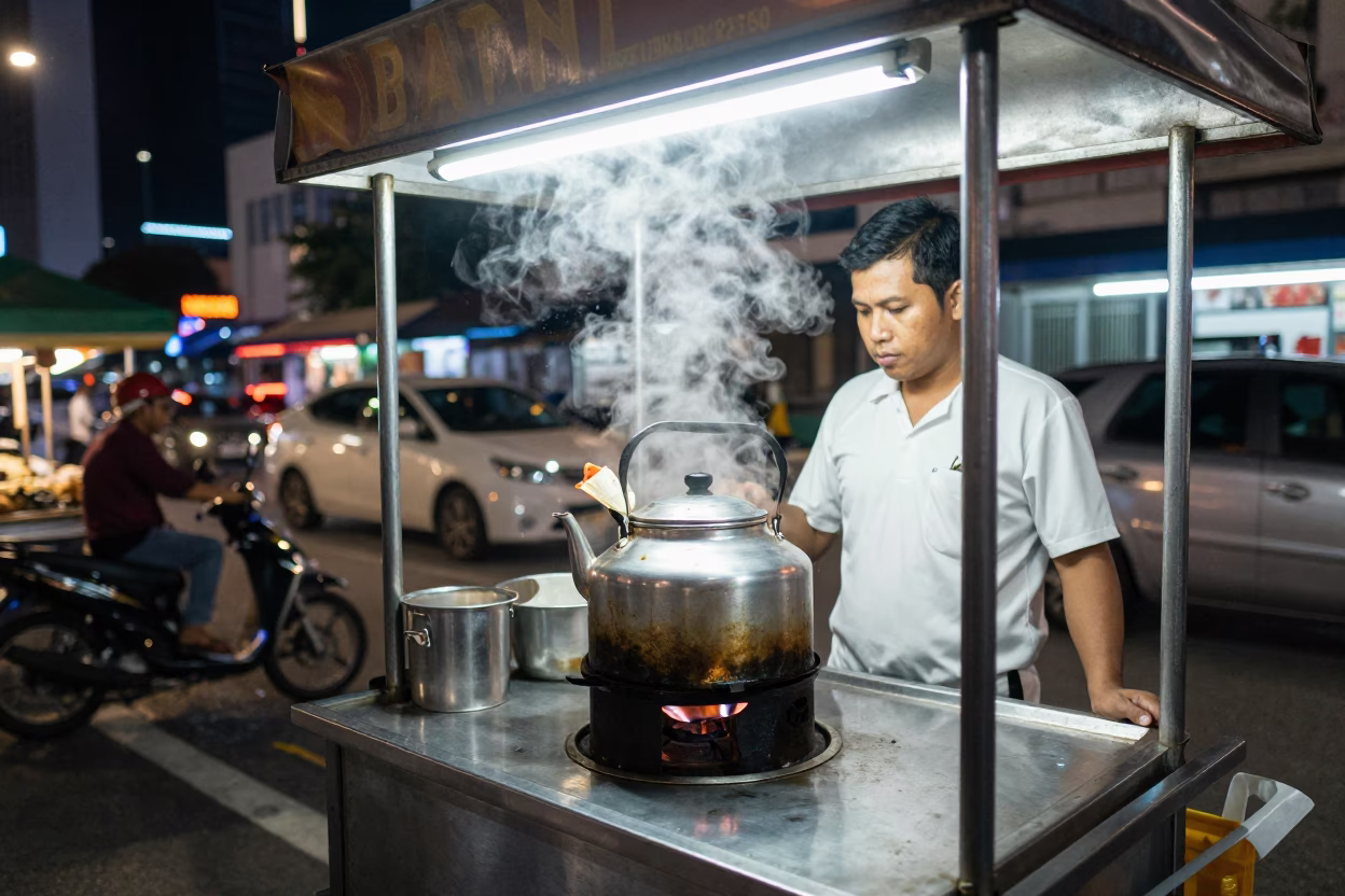 Street Stall in Kuala Lumpur at As City Lights Begin To Glow in in Kuala Lumpur, Malaysia