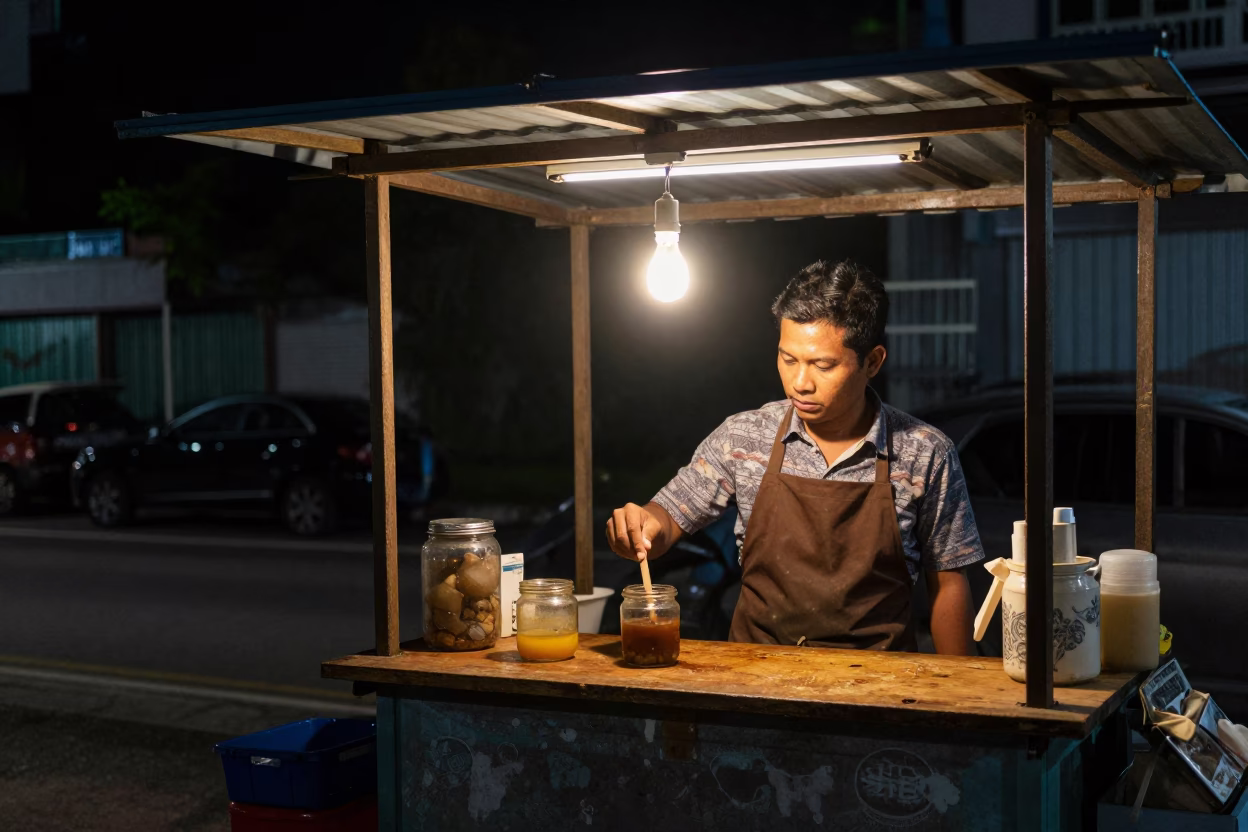 Street Stall in Kuala Lumpur at The Deepest Night Sky Light in in Kuala Lumpur, Malaysia