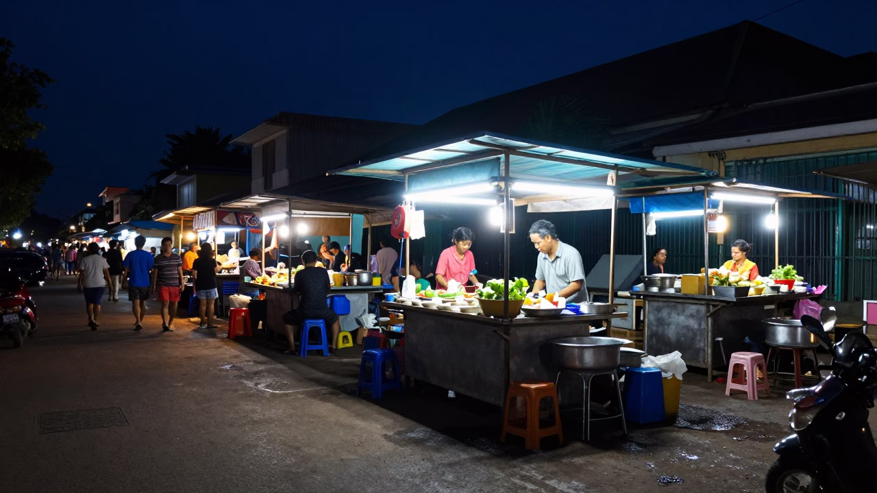 Street Stall in Phnom Penh at The Deepest Night Sky Light in in Phnom Penh, Cambodia