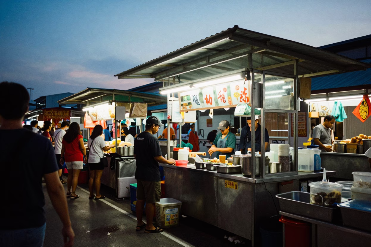 Street Stall in Singapore at Nautical Dawn Light in in Singapore, Singapore