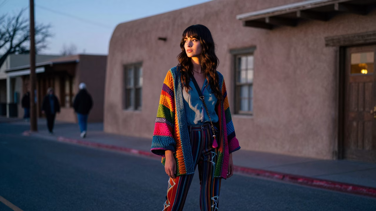 Street Style in Santa Fe at Nautical Dawn Light in in Santa Fe, New Mexico, United States