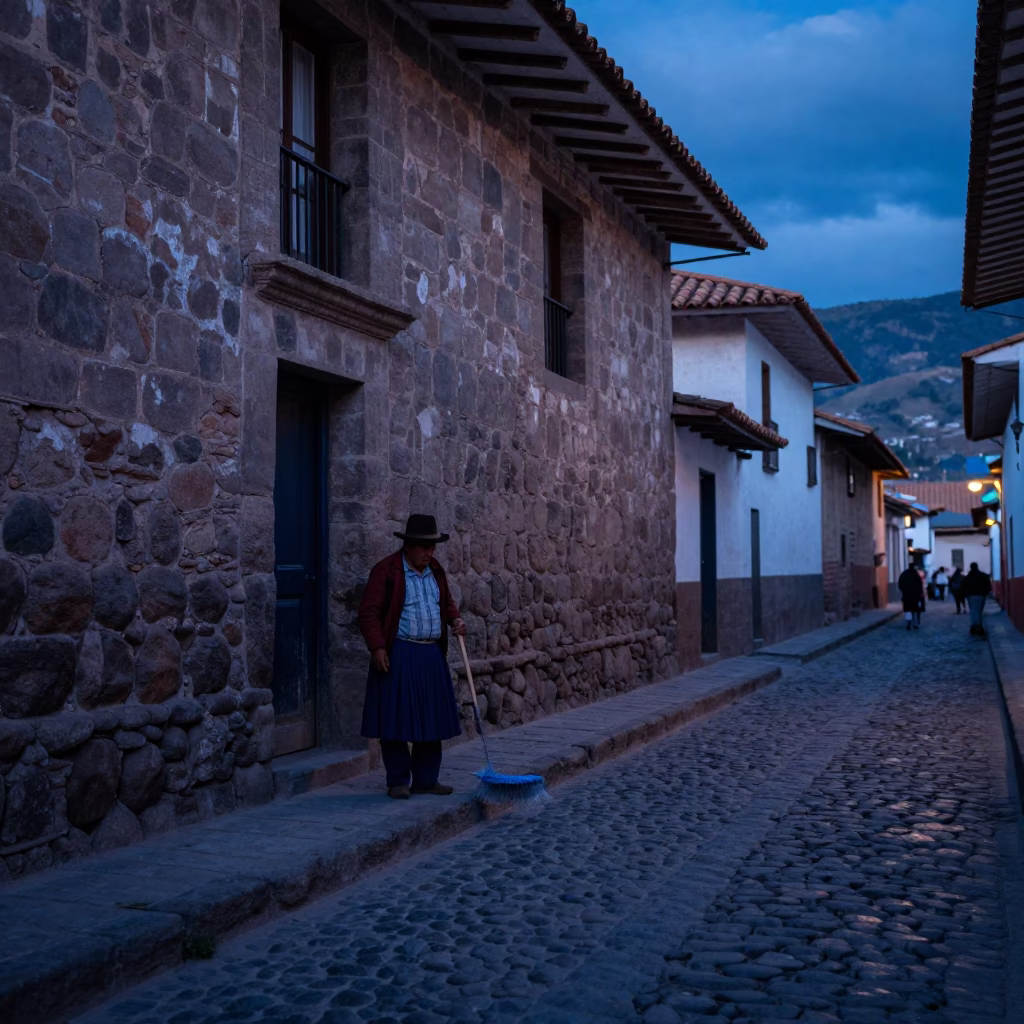 Street Sweep in Cusco at The Still Hours Before Dawn Light in in Cusco, Peru