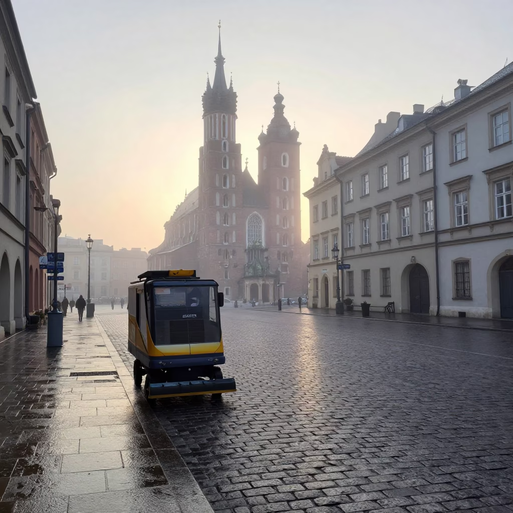 Street Sweeper in Krakow at Dawn Light in in Krakow, Poland