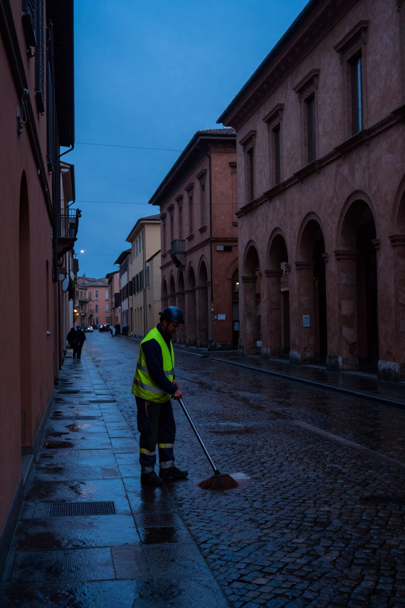 Street Sweeping in Bologna at Sunrise Light in in Bologna, Italy