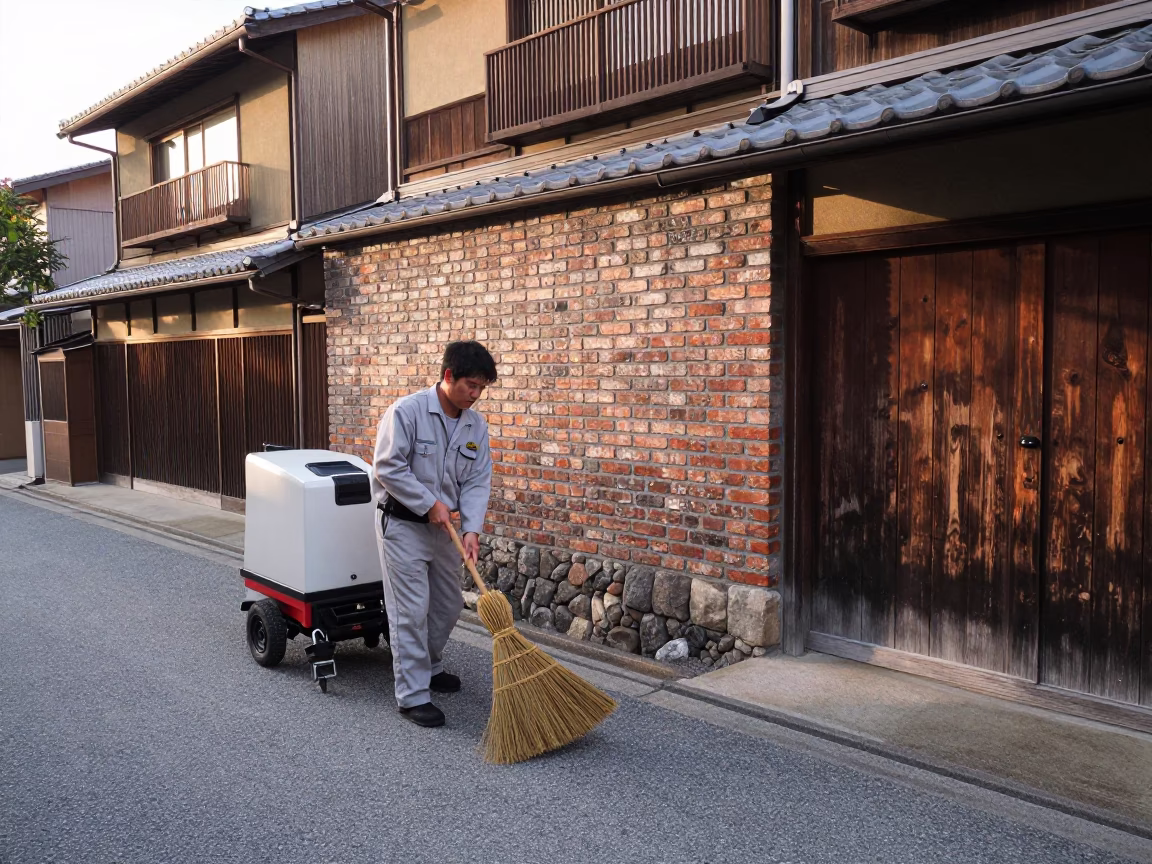 Street Sweeping just after sunrise in Kyoto in in Kyoto, Japan