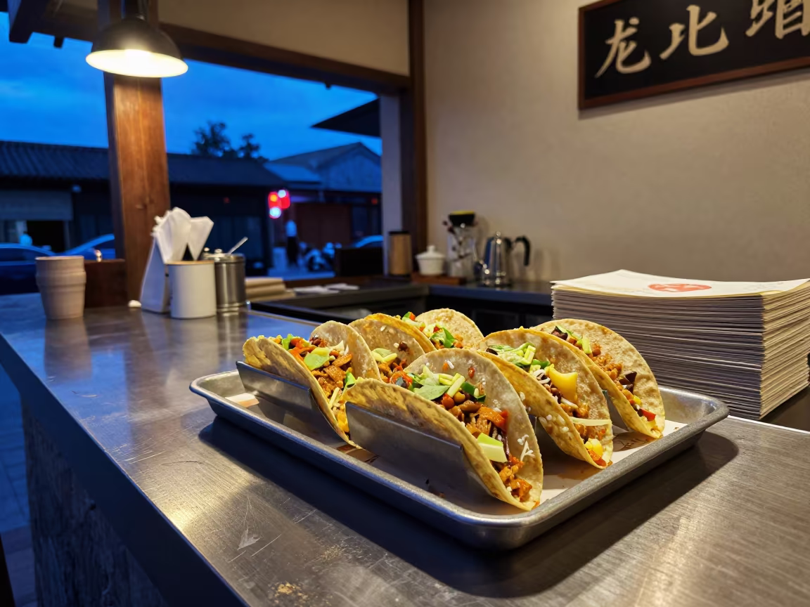 Street Tacos on Coffee Counter at Twilight in at a coffee bar counter in Kunming
