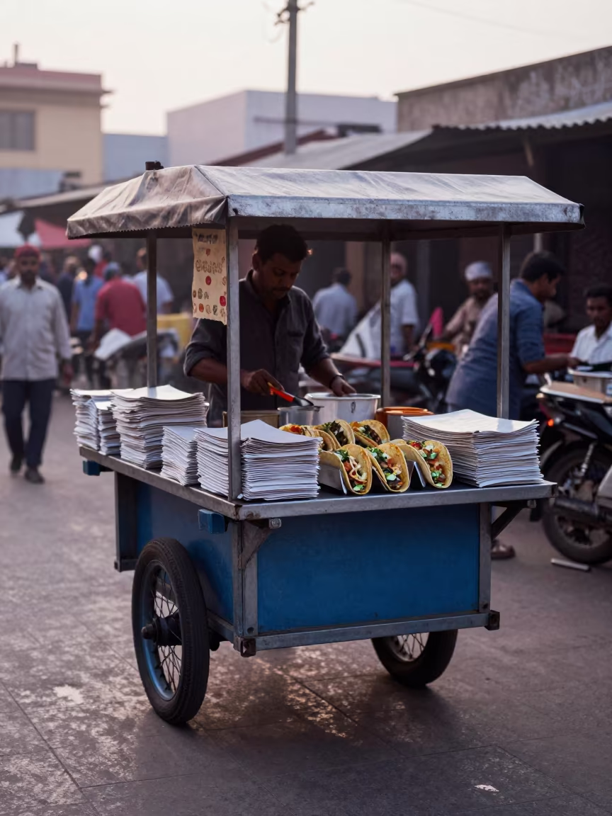 Street Tacos on Dawn Cart in Bhilai Market in at a market stall counter in Bhilai