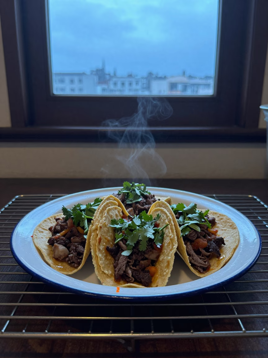 Street Tacos on Enamel Tray Before Dawn in on a bakery cooling rack in Panama City
