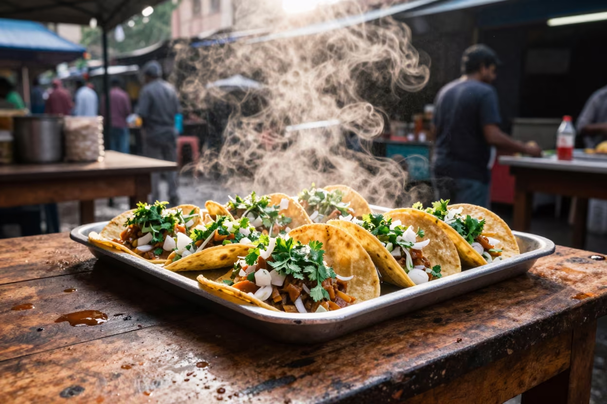 Street Tacos on Weathered Table After Rain in on a weathered outdoor table near Chennai