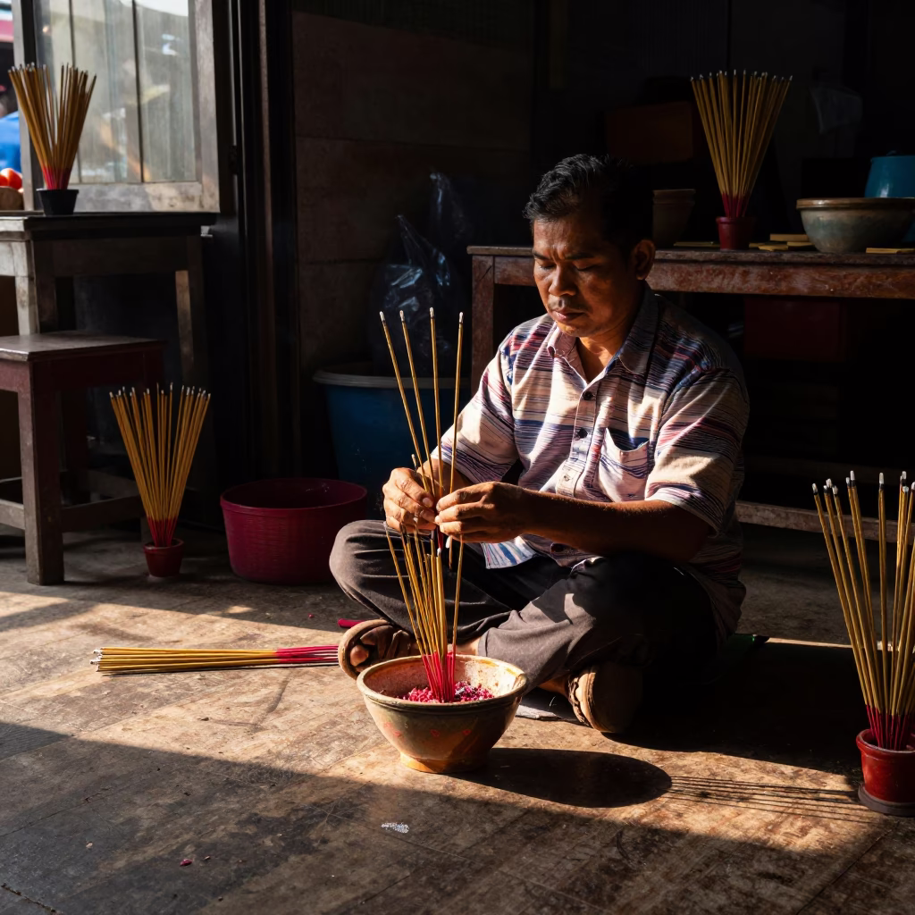 Street Vendor Arranging Colorful Incense Sticks in Dim Bangkok Workshop Late Afternoon in in Bangkok, Thailand