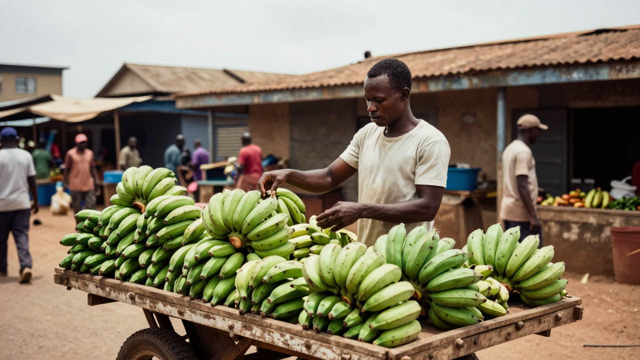 Street vendor arranging fresh produce in Accra Ghana market stall in in Accra, Ghana