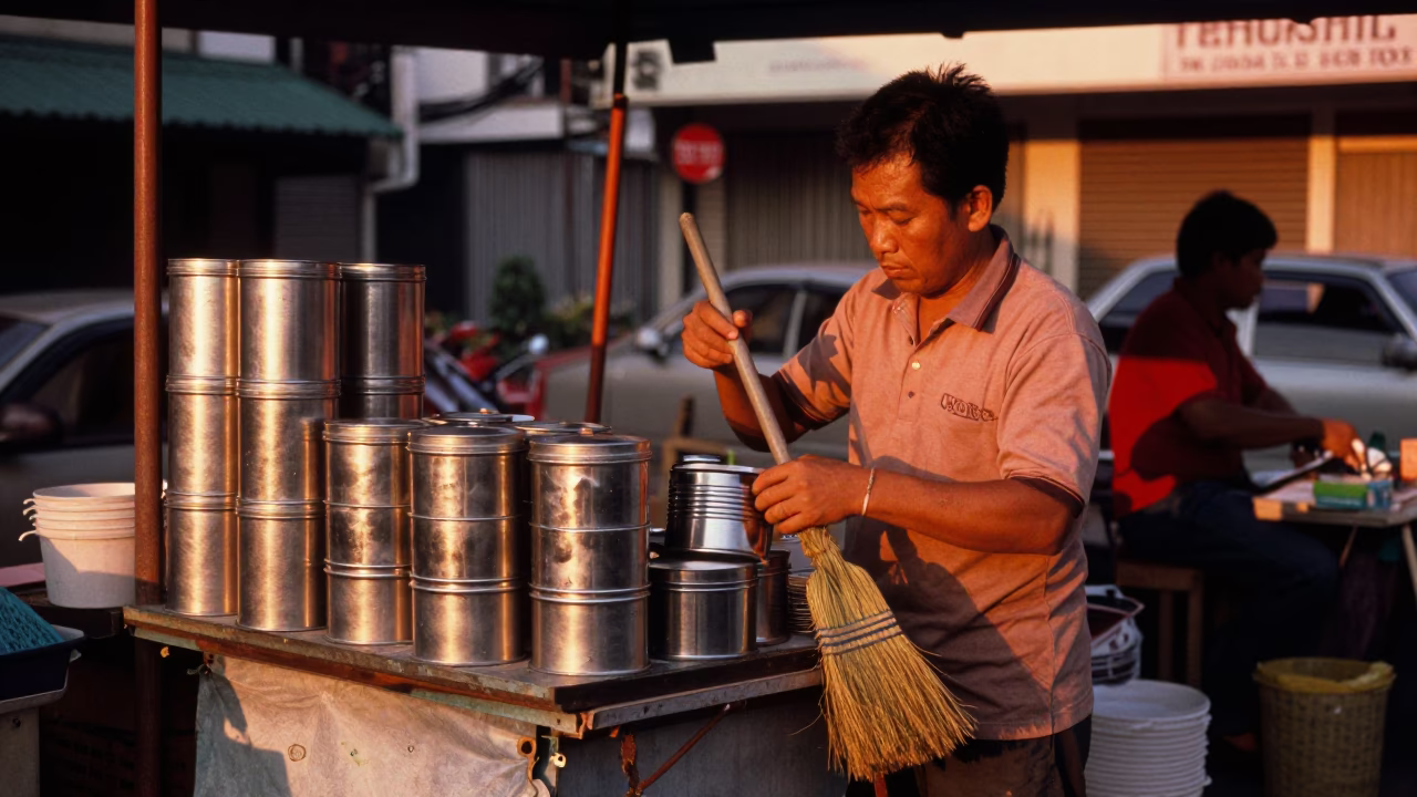 Street vendor arranging tiffin tin and brooms in Kuala Lumpur before dusk in in Kuala Lumpur, Malaysia