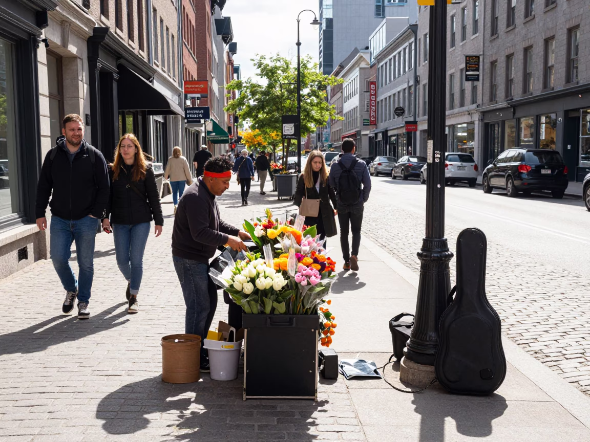 Street Vendor at Bright Midmorning Light in Montreal in in Montreal, Quebec, Canada