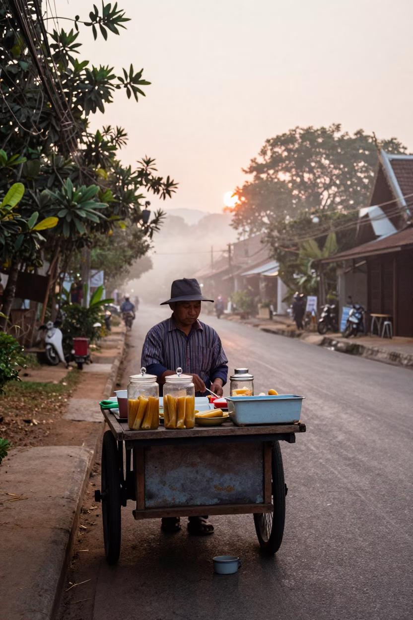 Street Vendor at First Light Of Dawn in Chiang Mai in in Chiang Mai, Thailand
