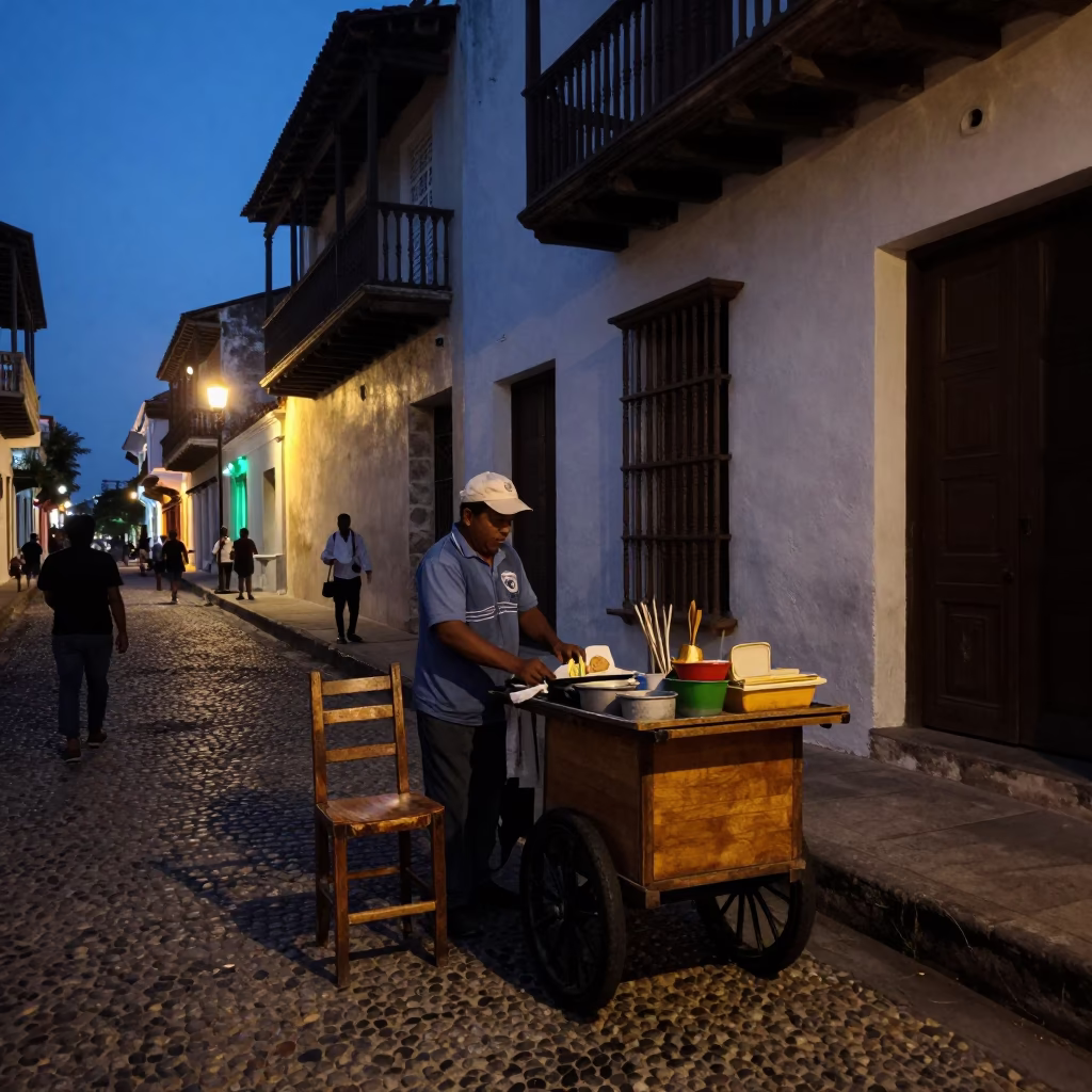 Street Vendor at The Predawn Darkness Light in Cartagena in in Cartagena, Colombia