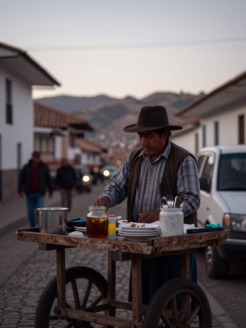 Street Vendor at The Still Hours Before Dawn Light in Cusco in in Cusco, Peru