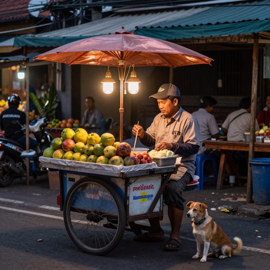Street Vendor Balinese Night Market Copper Light with Dog and Accordion in in Denpasar, Indonesia