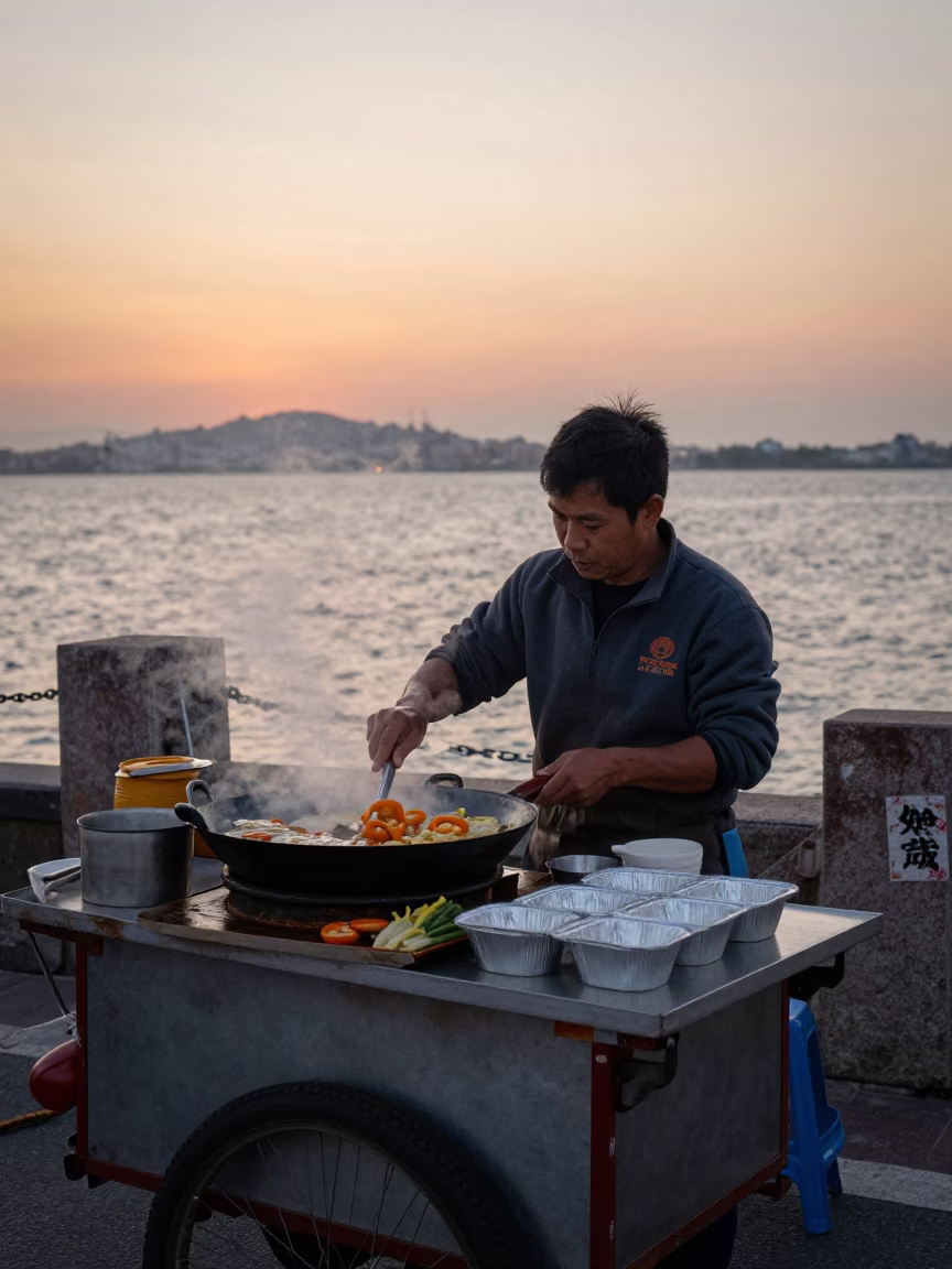 Street Vendor Cooking Breakfast in Tainan Taiwan at Nautical Dawn in in Tainan, Taiwan