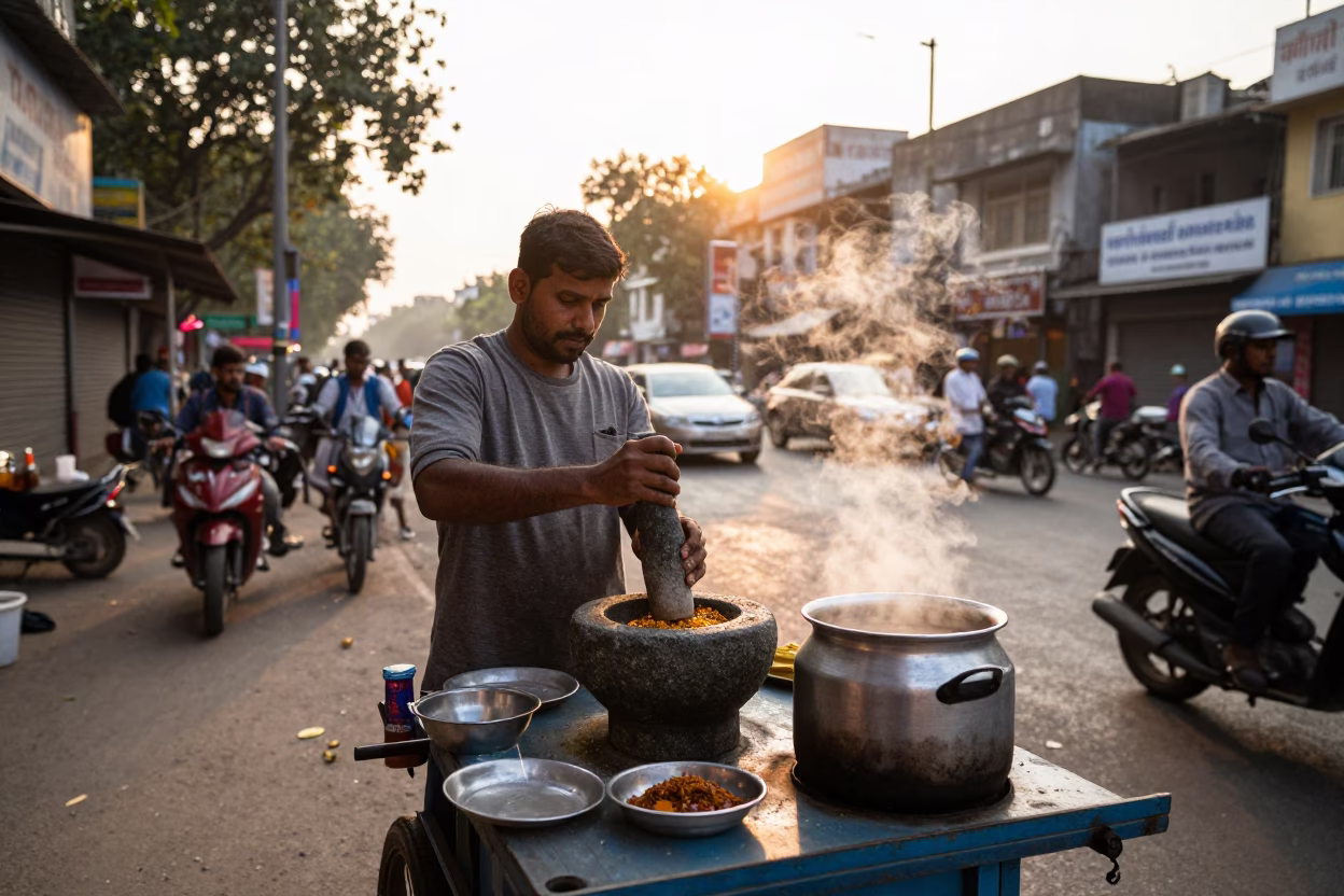 Street Vendor Cooking Chai with Mortar and Pestle in Kolkata at Sunset in in Kolkata, India