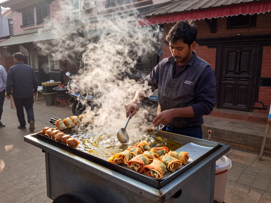 Street Vendor Cooking Fresh Lumpia in Kathmandu Nepal Just After Sunrise in in Kathmandu, Nepal